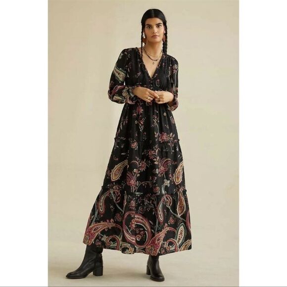 Anthropologie Black Floral Paisley Maxi Dress NWOT size 2 Boho - Picture 9 of 12